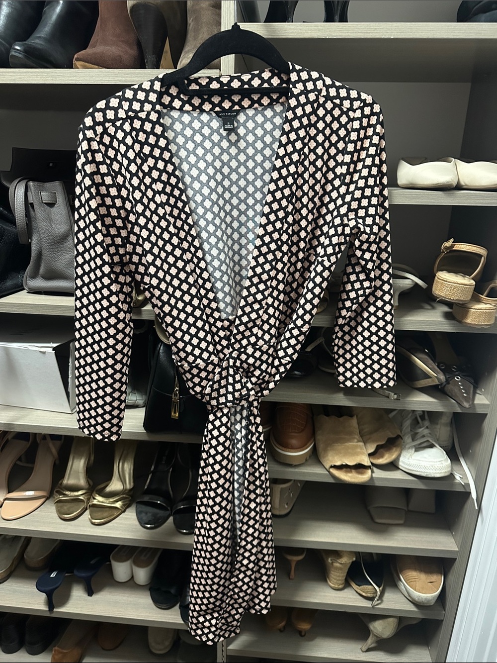 Ann Taylor Black and Cream Printed Wrap Midi Dress